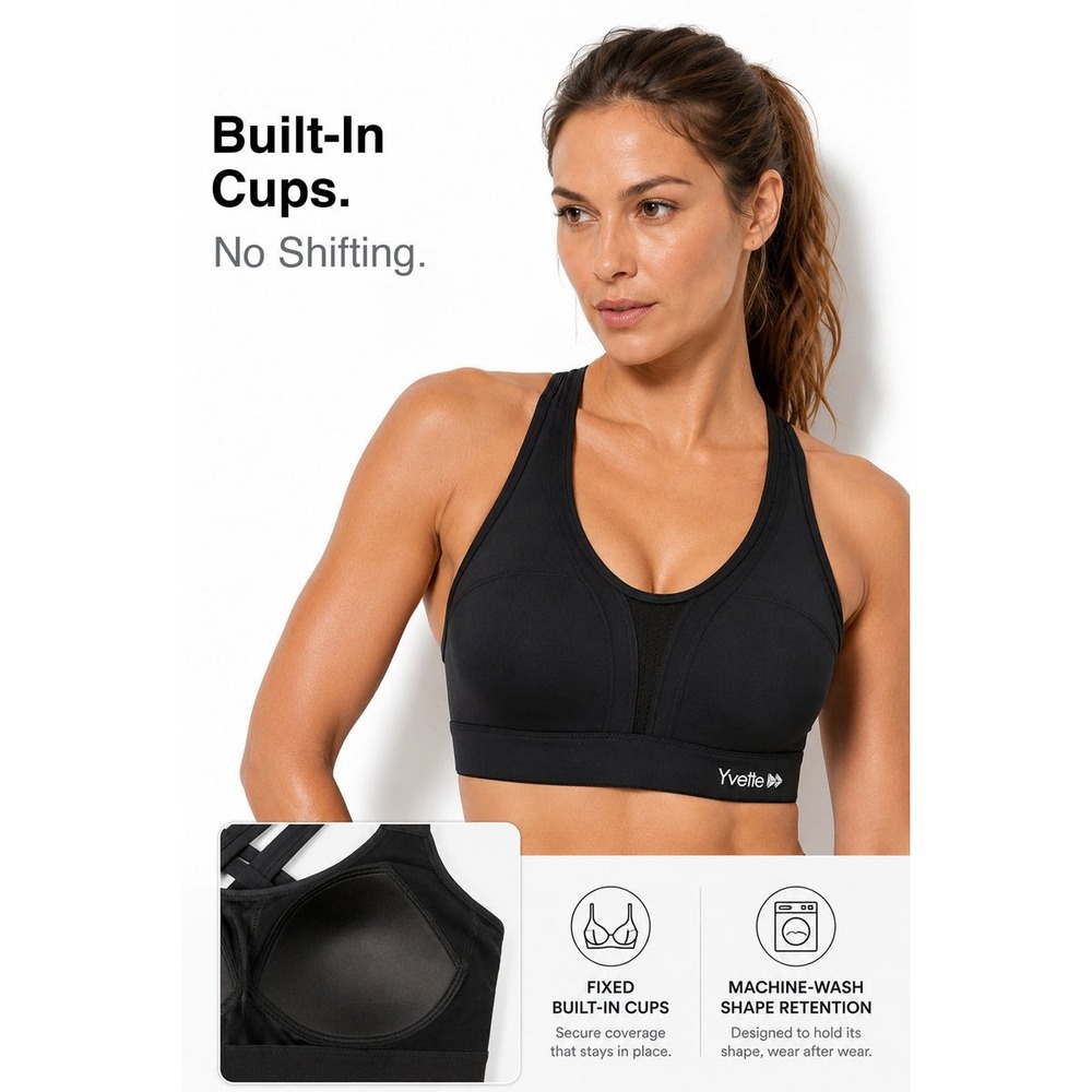Yvette Womens High Impact Sports Bra Black Crossback Built-in Cups Size 5XL+